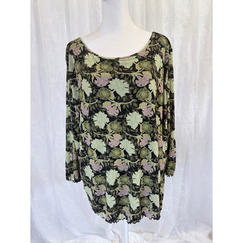 Apostrophe Woman Floral Mesh Tunic Top Plus Size 24-26W Green Purple Lettuce Hem